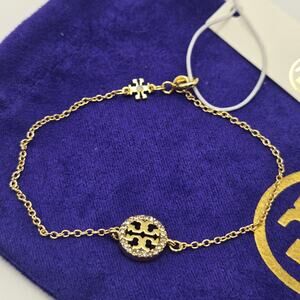NEW Tory Burch Pave Logo Miller Chain Bracelet Gold Crystal T Logo Simple Basic